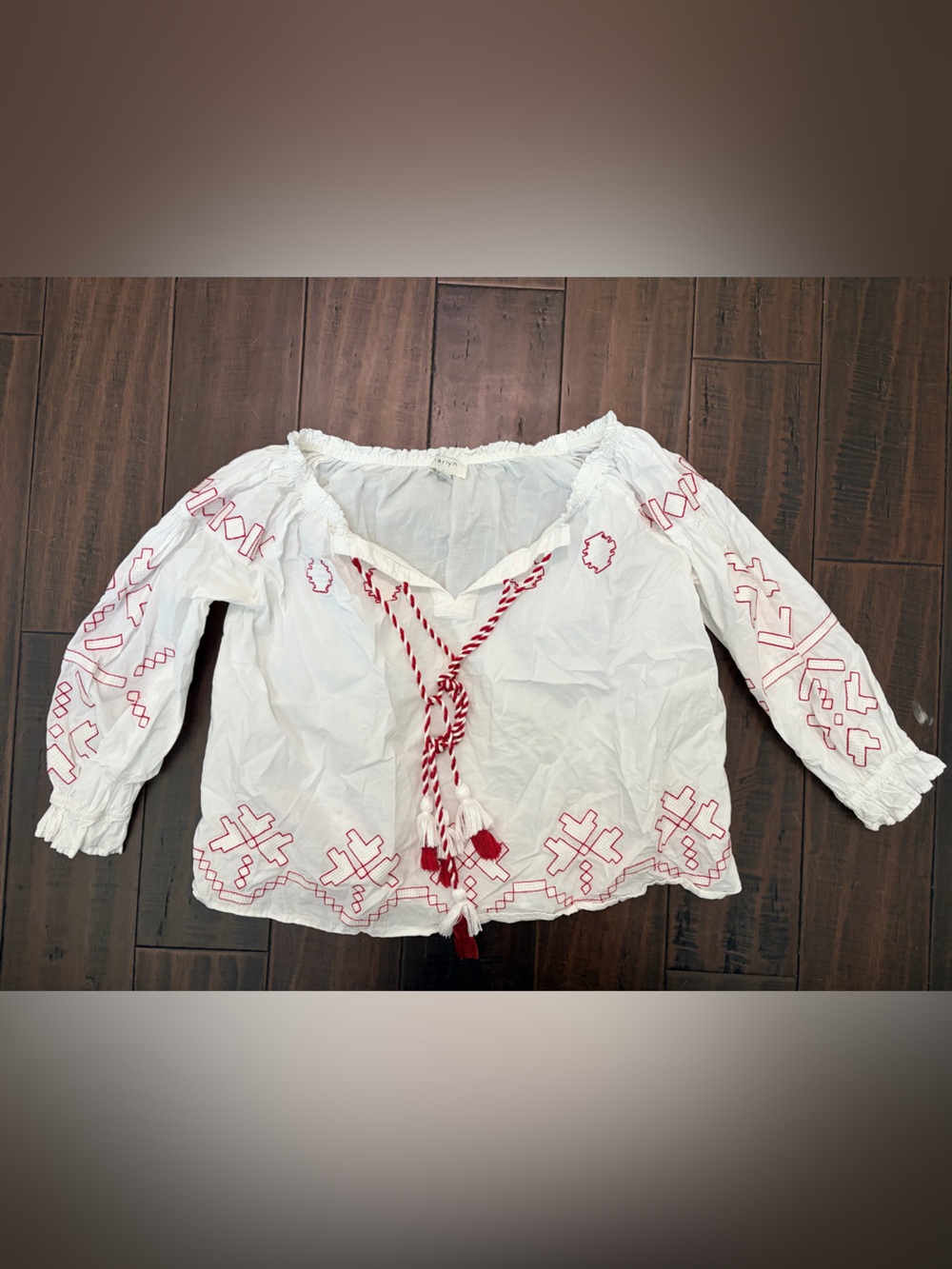 White Embroidered Blouse Off Shoulder Red Tassel Tie - Picture 2 of 5